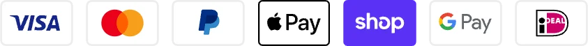 Visa, Mastercard, PayPal, Apple Pay, Shop Pay, Google Pay, iDEAL