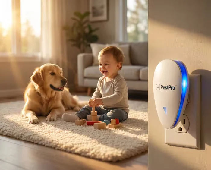 Toddler playing near a sleeping golden retriever with PestPro plugged in